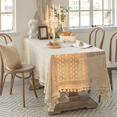 China Disposable Crocheted Hollowed Out Square Luxury Rectangle Cotton Table Cloth Lace Retro Style Office Table Cloth With Tassels for sale