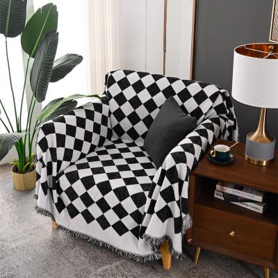 China Design Elastic Breathable Checkerboard Jacquard Chenille Comfort Chenille Sofa Cover Bed Living Room Car Geometric Elegant Soft Fabric Sofa Towel for sale