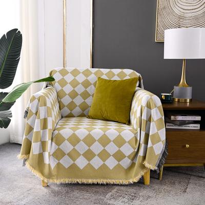 China Chenille Comfort Jacquard Elastic Breathable Geometric Checkerboard Design Soft Sofa Bed Living Room Car Sofa Cover Fabric Sofa Towel for sale