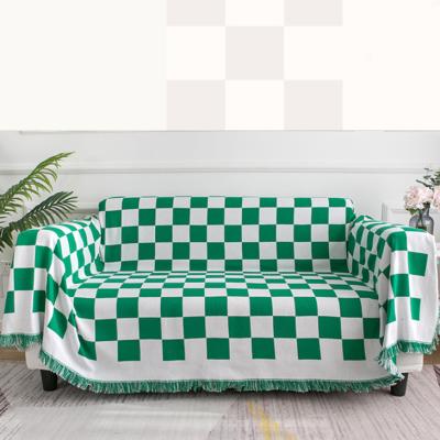 China Chenille Comfort Jacquard Elastic Breathable Checkerboard Design Soft Fabric Sofa Towel With Tassels Sofa Bed Living Room Car Cover for sale