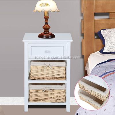 China Solid Wood Wicker Storage Bedside Table Unit Cabinet 3 Drawers Nightstand Bedroom for sale