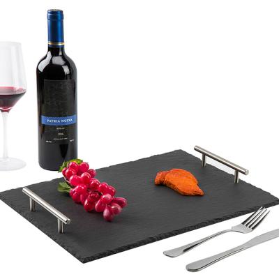 China Factory direct viable natural edge 40*30cm rectangle black slate Steel Tray Stone Tray With Stainless Handle for sale