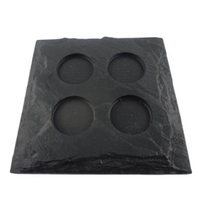 China Nice 23*23*2cm Square Mushroom Edge Slate Black Oiled Handmade Cheap Square Candle Holder With 4 Notches With Eva Feet for sale