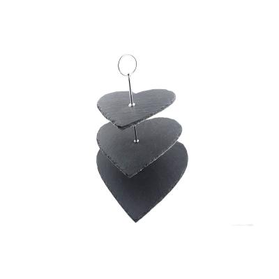 China Factory wholesale price 30*25*34cm viable natural heart shape 3 tier slate cake stand black stone cake stand with metal handle for sale