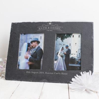 China Stone Factory Price 37*26cm Laser Design Double Slate Wedding Photo Frame Customized Wholesale Handmade Decorative Natural Stone for sale