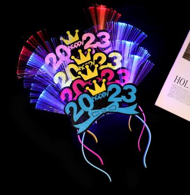 China Promotional Gifts Christmas LED Flashing Fiber-Optic Headband 2023 Happy New Year Hairband Accessories For Festival Party Supplies for sale