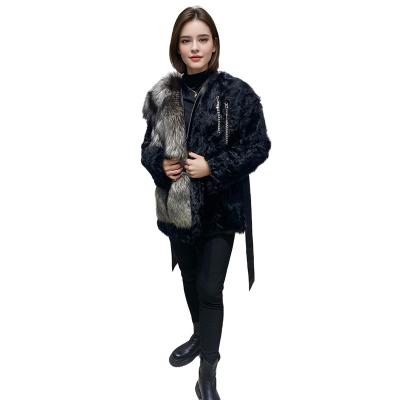 China Anti-wrinkle Women's Vintage Casual Coat Real Fur with Wool and Silver Fox Breathable Woven Fabric Reversible V-neck collar for sale