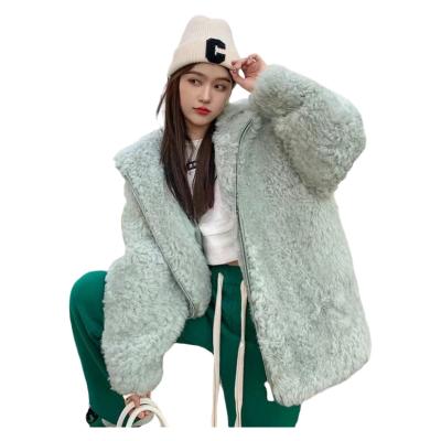 China Anti-wrinkle Hot Selling Vintage Women's Lamb Wool Jacket Long Woven Style with Polyester Lining Loose Fitting Hooded Casual Street Warmth for sale