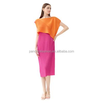 China Sustainable New round neck pleated color blocking dress for spring and summer fake-two-piece sleeveless slim fit A-line skirt for sale