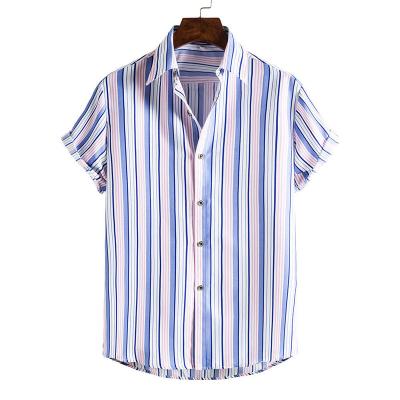 China Custom Hawaiian Shirt Men's Work ShirtsWholesale Print Lapel Short Sleeve Work Anti-pilling Digital Striped Button Down Casual Shirt for sale