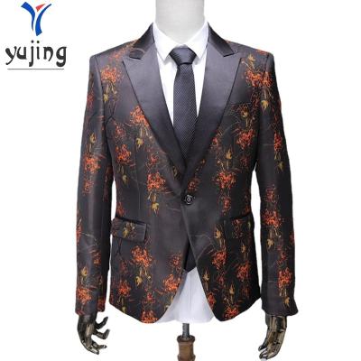 China Breathable Floral Pattern Orange Suit For Men Single Breasted Office Party Man Clothes New Casual Men's Blazer Wedding Suit for sale