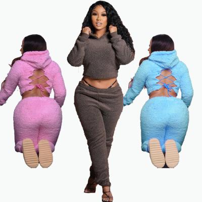 China 2022 QUICK DRY Hoodies Thick Panty Girls Winter Clothing Pant Sets Two Piece Trackers Set Jackets Faux Fur Coated Tracksuits for sale