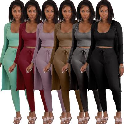 China 2021 2021 QUICK DRY Women Outfits Wear Outfits Solid Rib Tank Top Coats Sweatpants Set 3 Pcs Women's Sets for sale