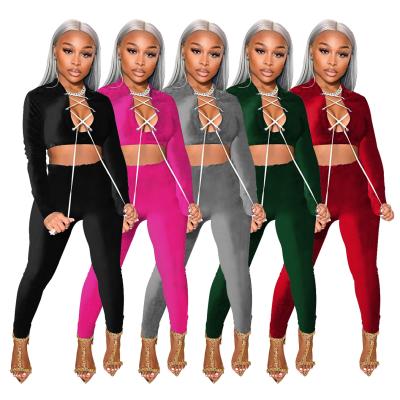 China 2021 Winter Women Workout Velvet Deep V Slim Two-Piece Deep Slim Fit Top Set Women Clubwear Crop Top Strappy 2 Piece Set for sale