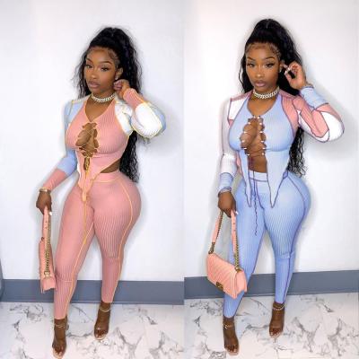 China 2021 Autumn Color Woman Yoga Tracksuit Matching Two Piece Set QUICK DRY Women Bandage Two Piece Biker Tracksuits Block Set for sale