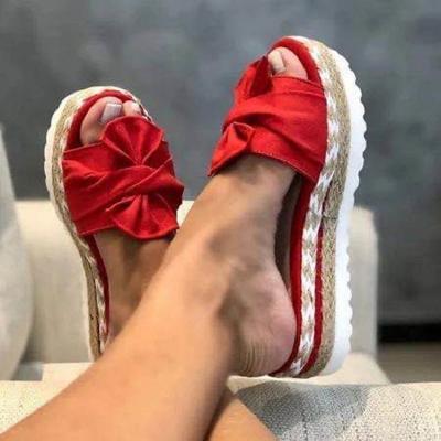 China Roundabout 2022 New Hemp Rope Plus Size Shoes Shoes Women's Beach Shoes Bow Flip Flops Slippers Wedges Sandals Beach Platform Slippers for sale