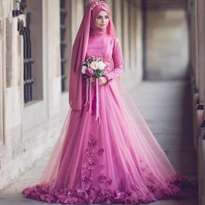 China Anti-Wrinkle Sheath Long Bridal Dress Arabia Muslims A Line Wedding Dress Appliques Pink Muslim Wedding Dress Wedding Dress lslamic for sale