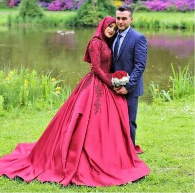 China Anti-Static Vestido De Novio 2021 Long Sleeve Ball Gown Arabic Wedding Dress 2021 Arabic Wedding Dress Satin Muslim Wedding Dress for sale