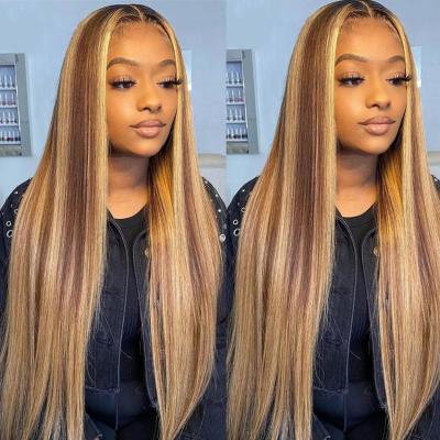 China Straight Wave Wholesale Price Highlight Hair Straight Lace Front Wig For Black Women Brazilian Raw Virgin 13x4 HD Lace Up Hair Wigs for sale