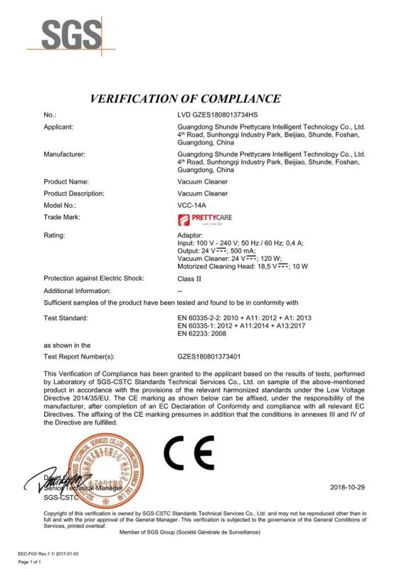 CE - Guangdong Shunde Prettycare Intelligent Technology Co., Ltd.