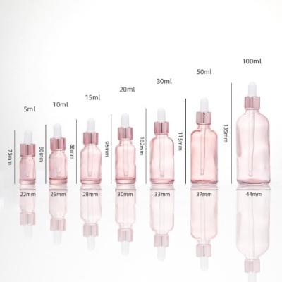 China Round 5ml 10ml 15ml 20ml 30ml 50ml 100ml Cosmetic Serum Rose Gold Pink Essential Oil Glass Dropper Bottles for sale