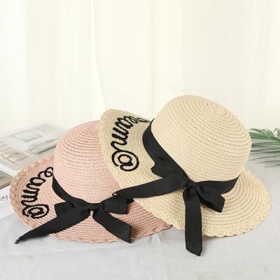 China Striped Raffia Straw Hat Wide Brim Sun Visor Hat Embroidery Letter Striped Hats With Ribbon for sale