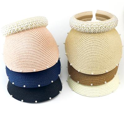 China Striped Women Fashion Pearl Hat Raffia Crownless Straw Hat Summer New Hat Sun Beach Hats for sale