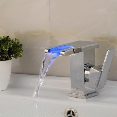 China Thermostatic Faucets Hydro LED Light With Three Color Deck Mounted Bathroom Basin Faucet Waterfall LED Faucet for sale