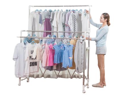 China 2021 Contemporary Large Rod Stainless Steel Collapsible Garment Storage Rack Triple Hanger Clothes Drying Rack for sale