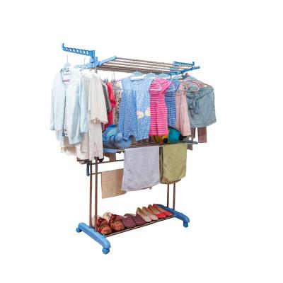 China Folding Stored 3 Tier Laundry Indoor Outdoor Drying Towel Clothes Steel Hanger Rack With Wheels for sale