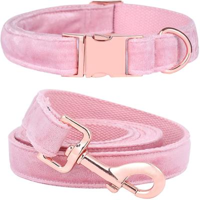 China Comfortable Adjustable Colorful Stocked Velvet Dog Collar Pet Collars With Matching Rose Gold Metal Buckle And Leash for sale