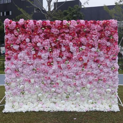 China Fabric back + high simulation artificial flower 8ftx8ft gradient wedding room decor flower wall wrap wall flower panel 5d for sale