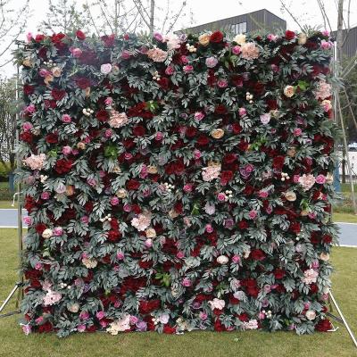 China Cloth back + high simulation artificial flower backdrop decoration step up 3d green leaves with red flower wall 8x8 for sale