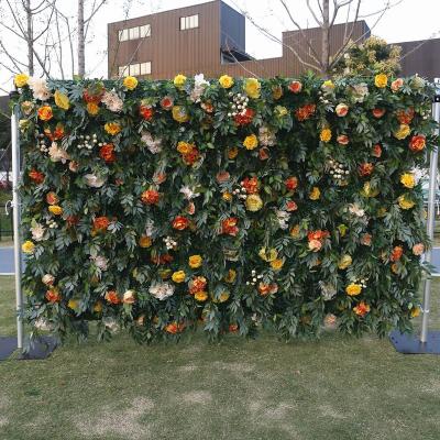 China Cloth back + high simulation artificial flower plant supply 4d greenery with yellow flower wall wedding wall decorations roll for sale