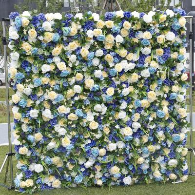 China Cloth back + high simulation flower plant supply backdrop decoration hanging white blue and yellow flowers wall 10 ft wedding decor for sale