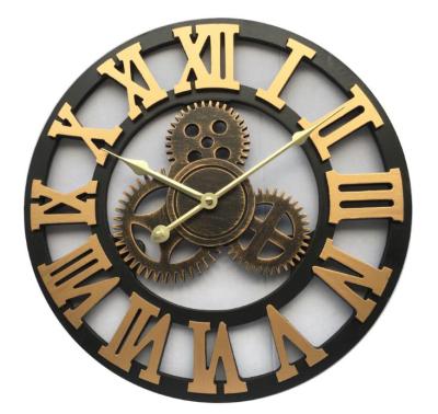 China Wholesale Antique Retro Style Large Antique Gold Machine Wood Frame Roman Numerals Mechanical Gear Wall Industrial Clock for sale