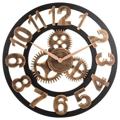 China Antique Luxury Amazon Gear Retro MDF 40cm 80cm Wooden Style Large Digital Wood Craft Golden Silent Bronze Decorative Hanging Wall Clock for sale