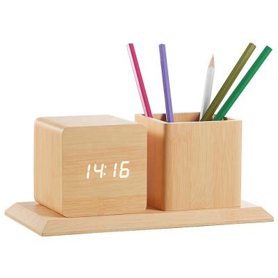 China Decorative Wooden Calendar Digital LED Display Temperature Pen Holder With Clock For School for sale