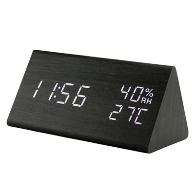 China Antique Style Electronic Multifunction Triangle Calendar Analog Digital Alarm Table Wooden Desk Clock With Temperature for sale