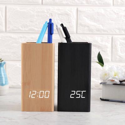 China Wooden Digital Alarm Clock Mini Table Top Pen Holder Bamboo Wooden Modern Multifunctional Antique Style for Office Promotion Gifts for sale