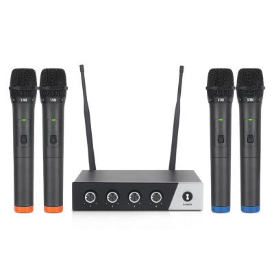 China Handheld Microphone 4 Channel Wireless Microphone System.  Using UHF Fixed High-frequency Line Design, Avoid The Frequency of Interference Easily. for sale