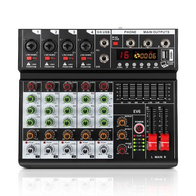 China 48V phantom power Professional 6 Channel Audio Mixer with 16 DSP Effects 7-band EQ 48V Bluetooth Function for Studio DJ Stage Party for sale