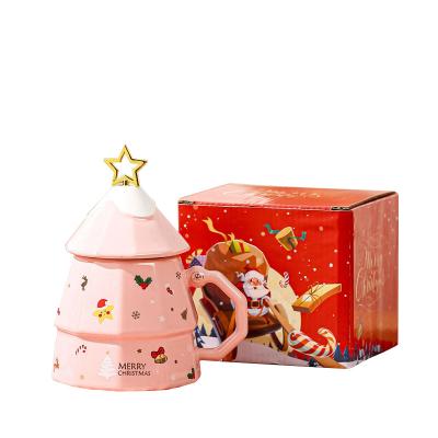 China Christmas Tree Shape Ceramic Milk Coffee Cup with Spoon and Gift Box 3D Holiday Decor for sale