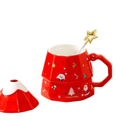 China 7x12.5cm Pink Ceramic Tea Cup Coffee Mug Gift Set With Mirror Cover Christmas Tree Design for sale