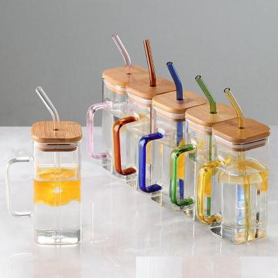 China 400Ml Square Colored Handle Glass Cup With Bamboo Lid And Straw Stocked Home Drinking for sale