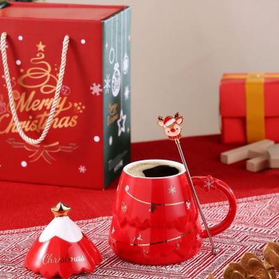 China Ceramic Christmas Gift Mug Set With Lid And Spoon 400ml 500ml For Office Afternoon Tea Cup for sale