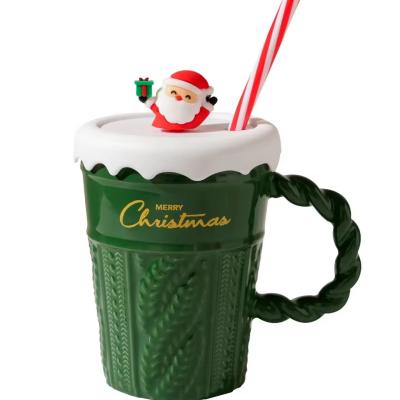 China 2024 Ceramic Christmas Mug Water Cup With Lid And Straw For Office Home Drinking Mug Children's Gift Design for sale