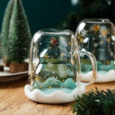 China 200ml / 300ml Christmas Gift Double Glass Mug With Lid High Borosilicate Coffee Mug for sale