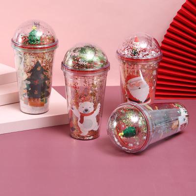 China 1 Piece 500ml Customized Logo Flash Double Wall Cup Leak-proof Reusable Christmas Plastic Bottle With Lid And Straw for sale