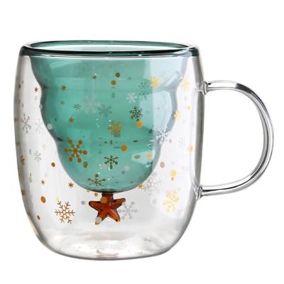 China Custom Xmas Gift 200ml Double Walled Glass Coffee Cup with Christmas Tree Design for sale